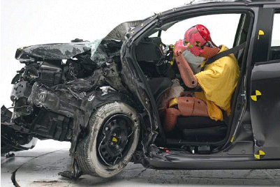 mannequin dans une voiture accidentée lors d'un crash test illustrant la méthode expérimentale